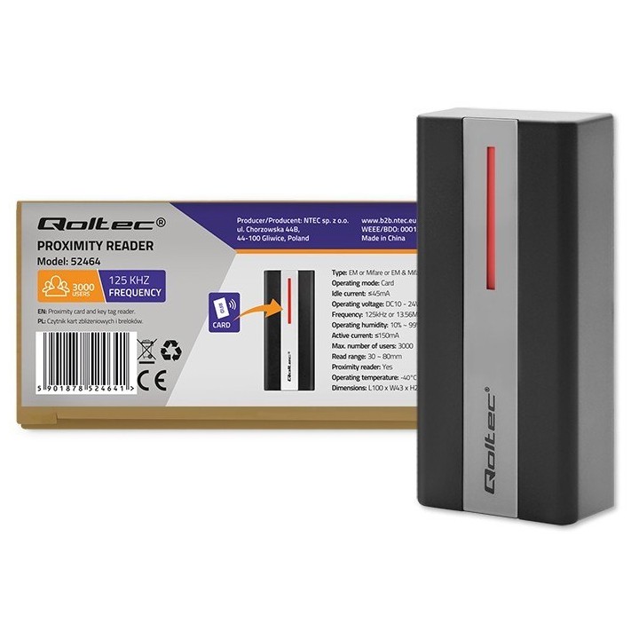 Czytnik Zbliżeniowy Qoltec RFID/EM/Mifare z Pilotem i Akcesoriami