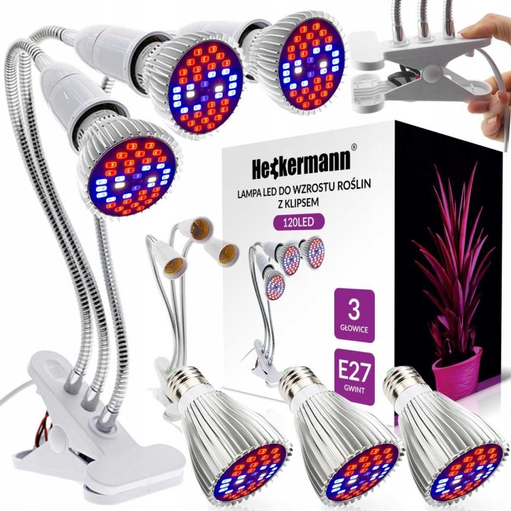 Lampa LED do uprawy Heckermann 3x10W 120LED 3 głowice