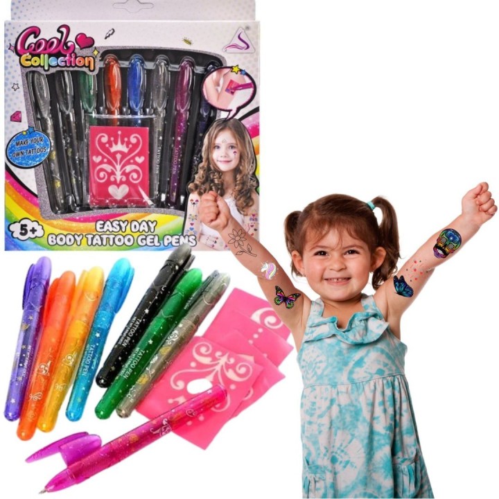 Zestaw Żelowych Długopisów Brokatowych do Zmywalnych Tatuaży