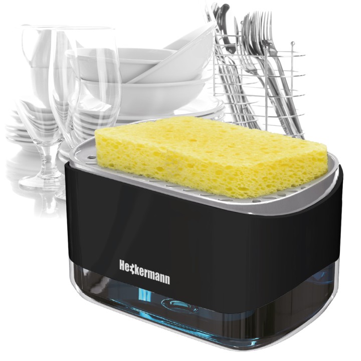 Dozownik płynu do mycia naczyń + gąbka Heckermann KH20017 w kolorze czarnym