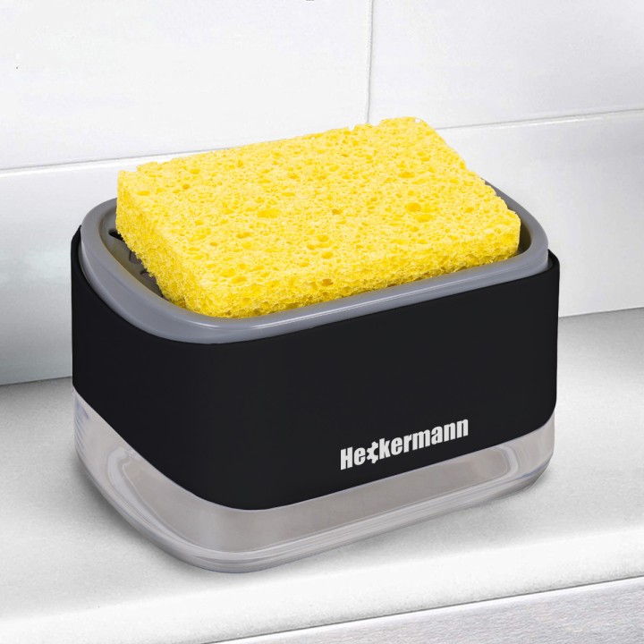 Dozownik płynu do mycia naczyń + gąbka Heckermann KH20017 w kolorze czarnym
