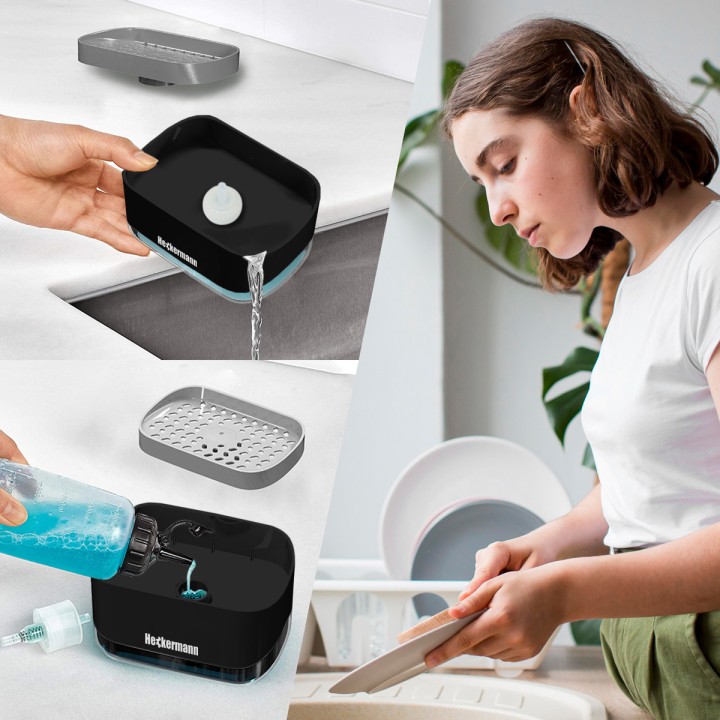 Dozownik płynu do mycia naczyń + gąbka Heckermann KH20017 w kolorze czarnym