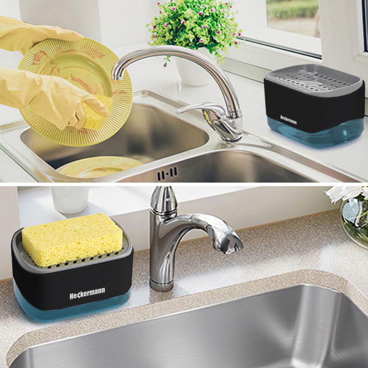 Dozownik płynu do mycia naczyń + gąbka Heckermann KH20017 w kolorze czarnym