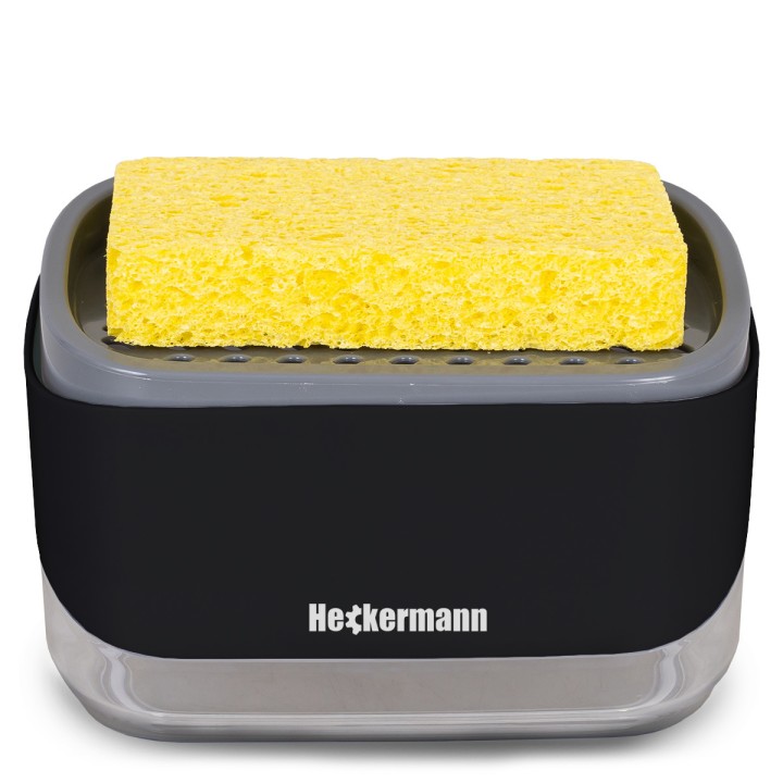 Dozownik płynu do mycia naczyń + gąbka Heckermann KH20017 w kolorze czarnym