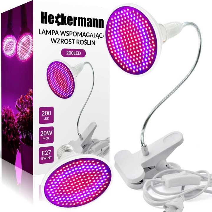 Lampa LED do roślin Heckermann 20W z uchwytemmodel 200LED