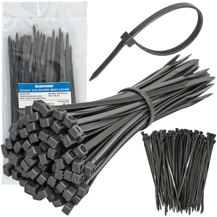 Opaski zaciskowe Heckermann 100szt - Szare → Zestaw szarych opasek zaciskowych Heckermann 100szt